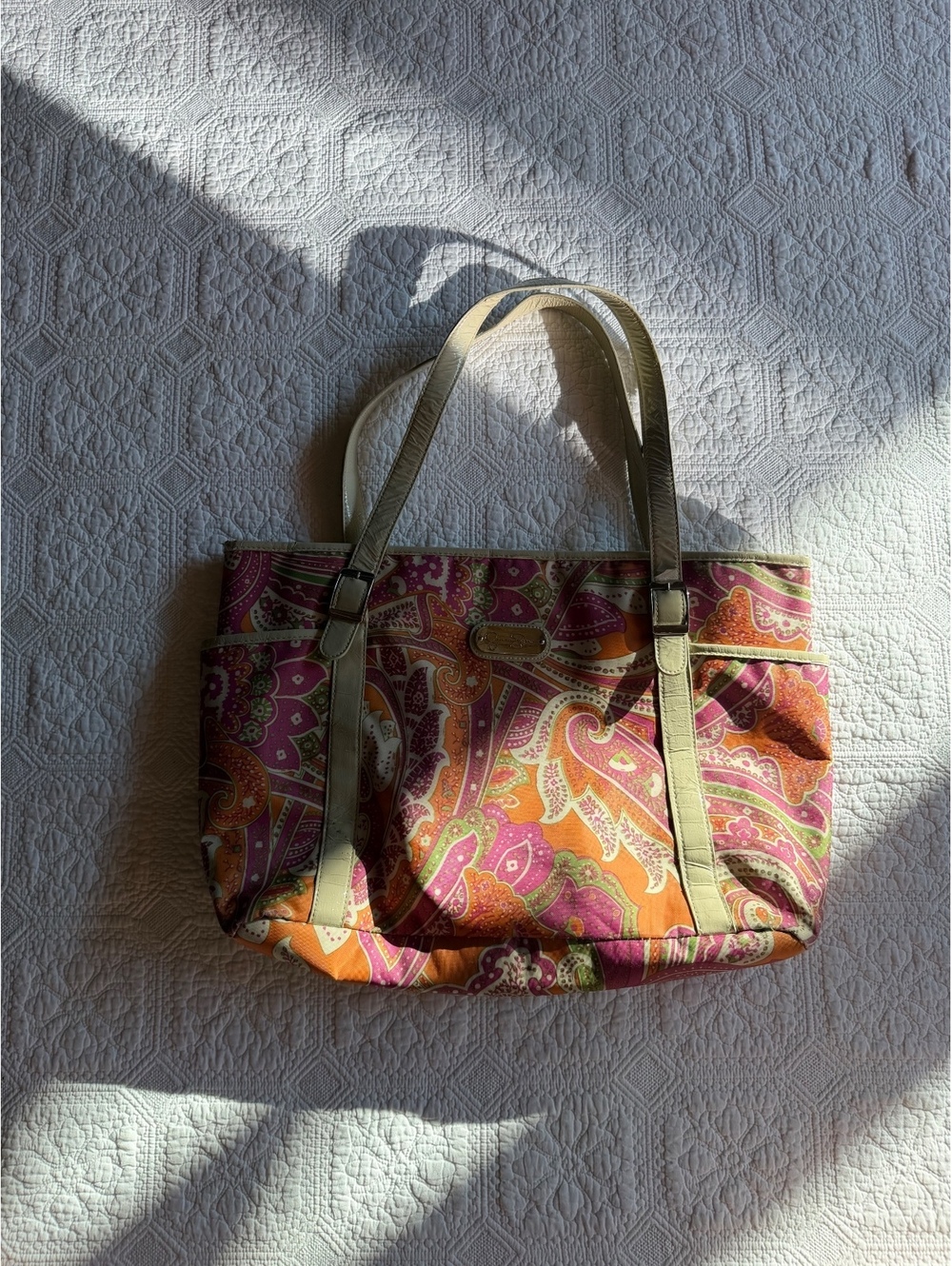 Colorful Paisley Pattern Tote Bag with Beige Handles, Approx. 18" Tall and 13" W